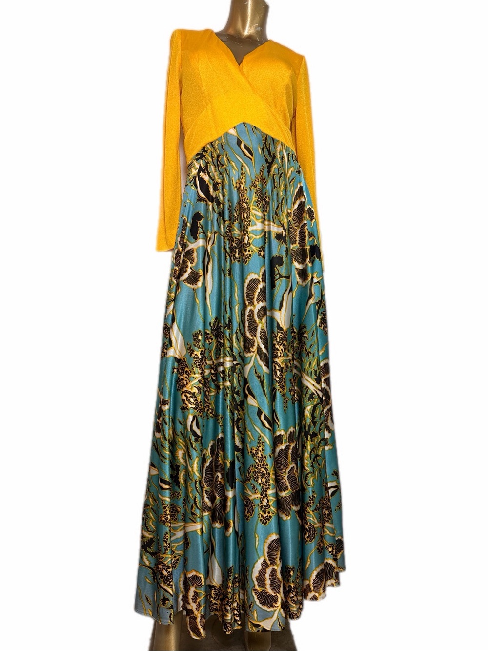 Vintage Elenor Gay Maxi Dress Knit Bodice Tree Floral Print Hostess Gown 60s 70s